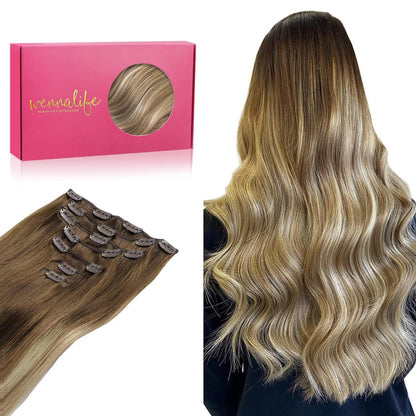 Echthaar Clip-in Extensions Ombré Braun-Blond 35cm