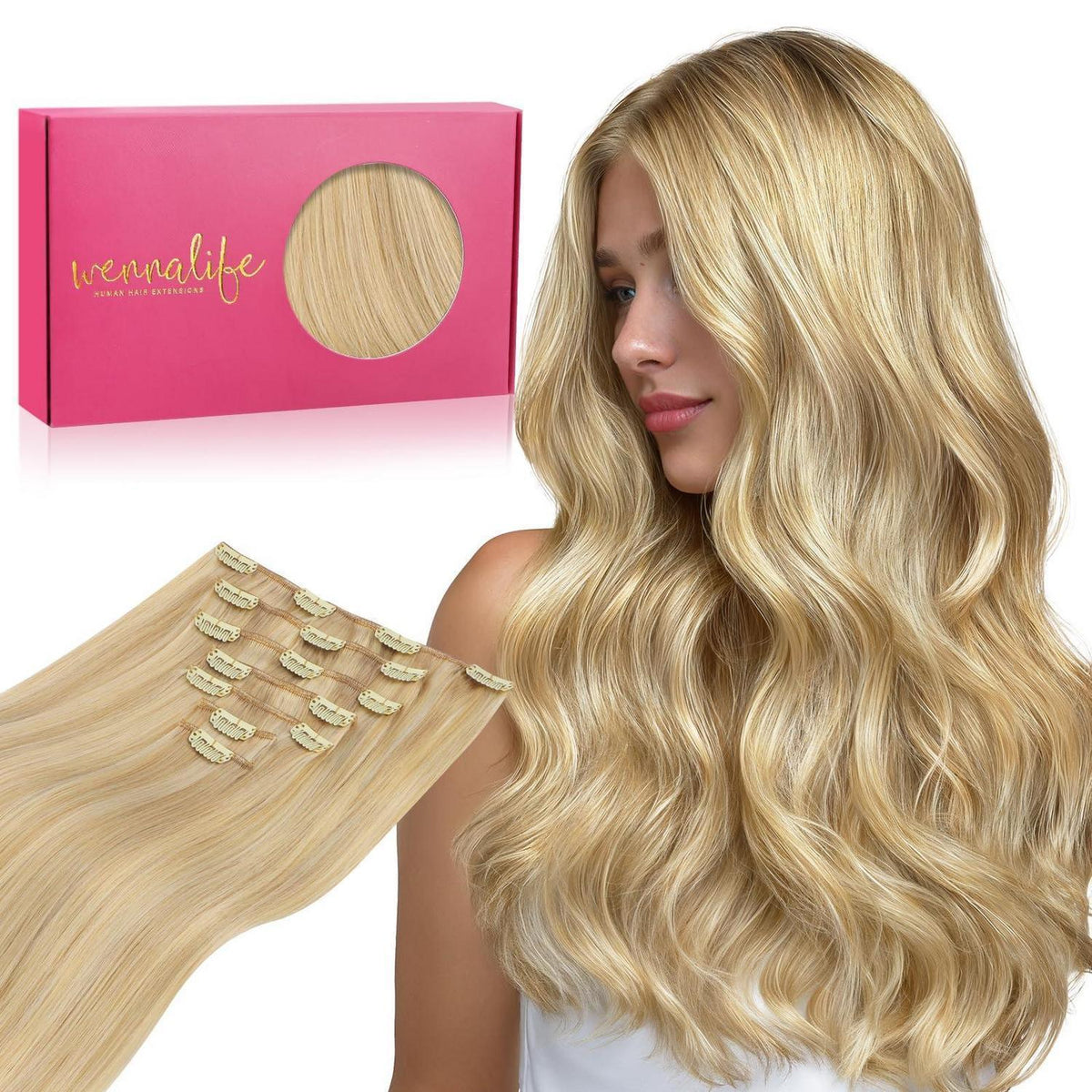 Clip-in Echthaarverlängerungen 35cm Hellblond Highlights Goldblond