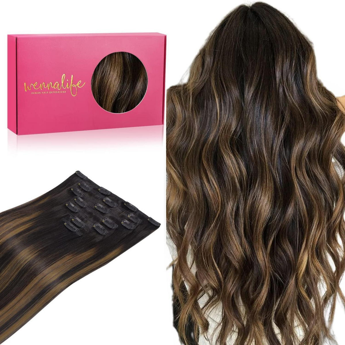 Clip in Echthaar Extensions Schwarz Braun Balayage 35cm