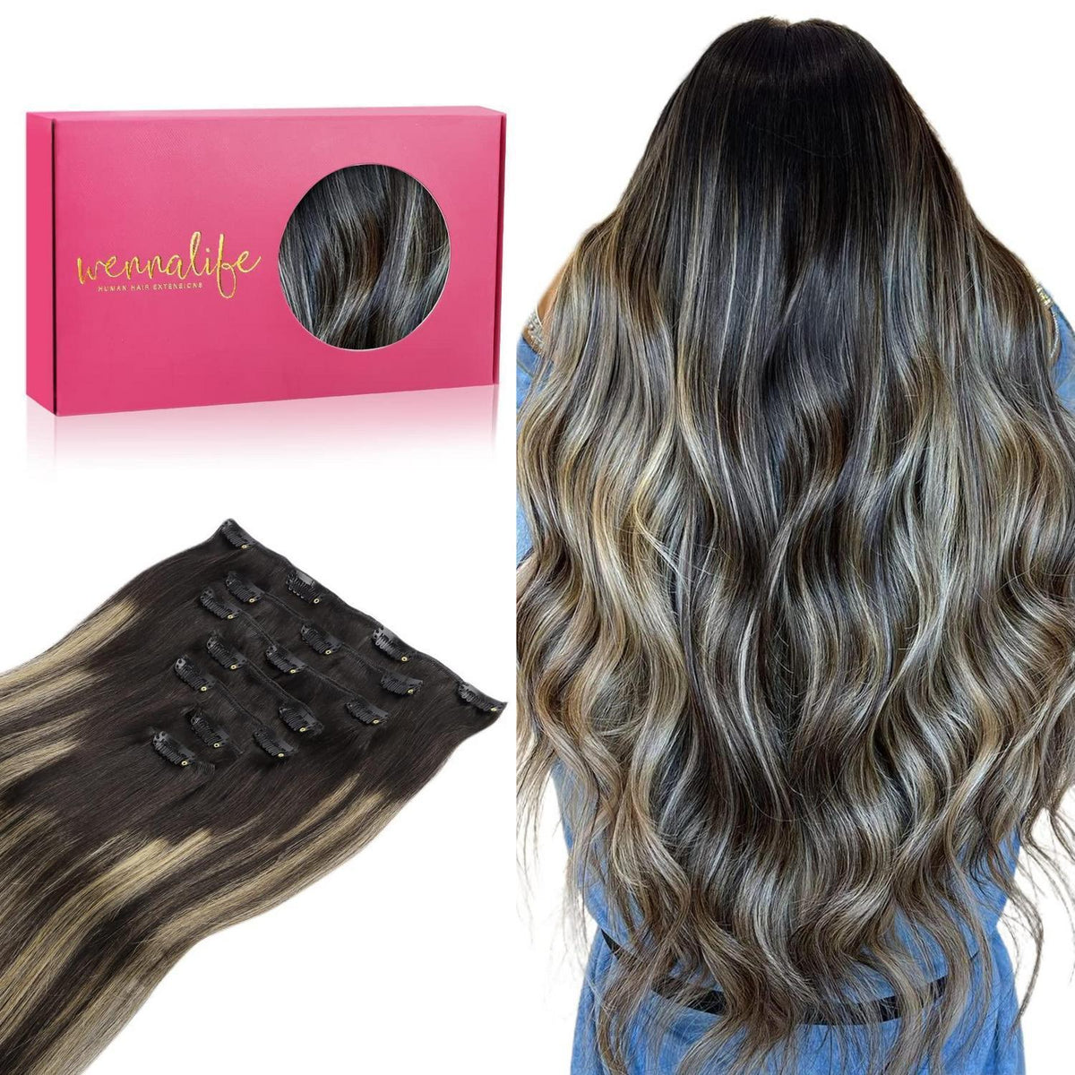 Echthaar Clip-Ins Balayage Schwarz-Blond 60cm