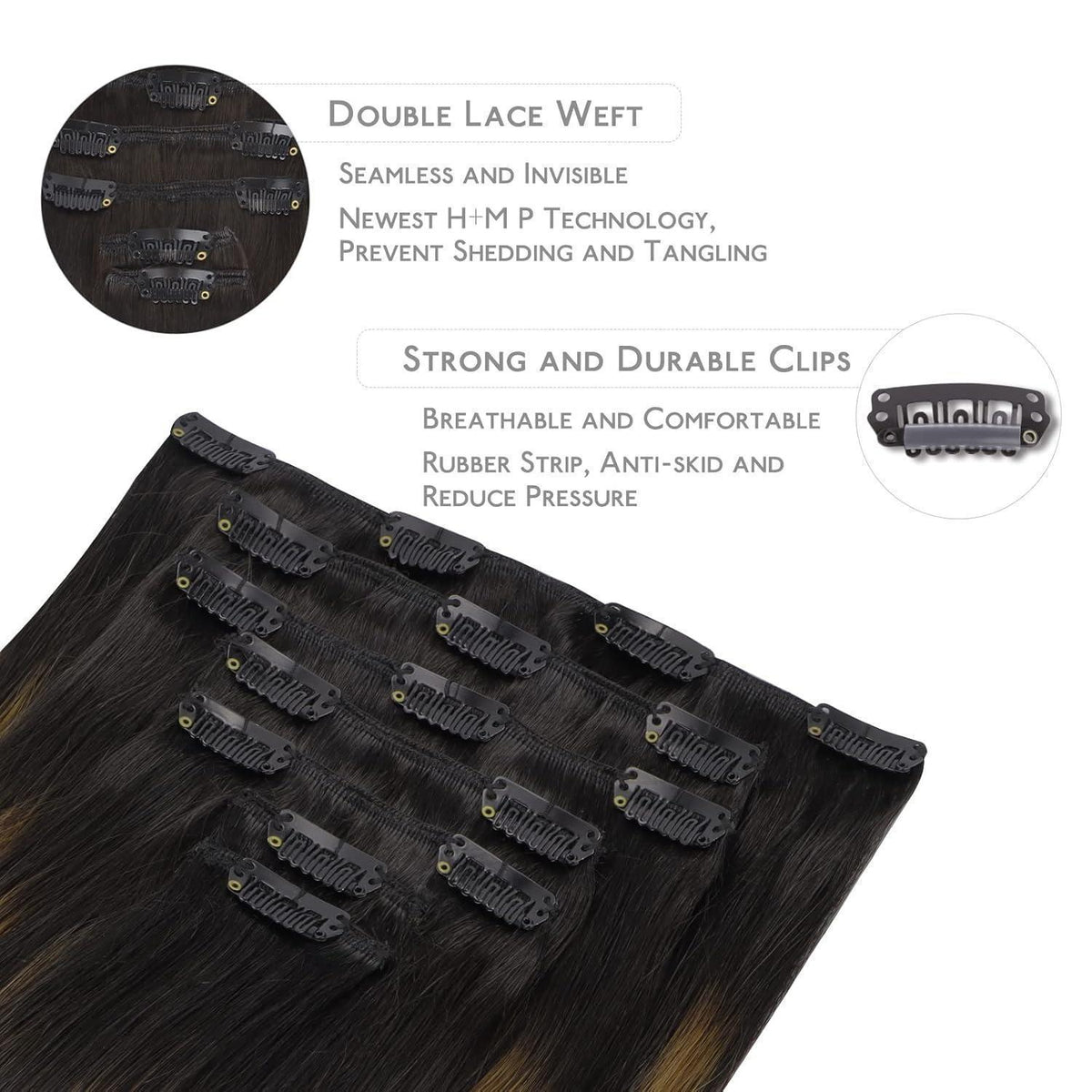 Clip in Echthaar Extensions Schwarz Braun Balayage 50cm