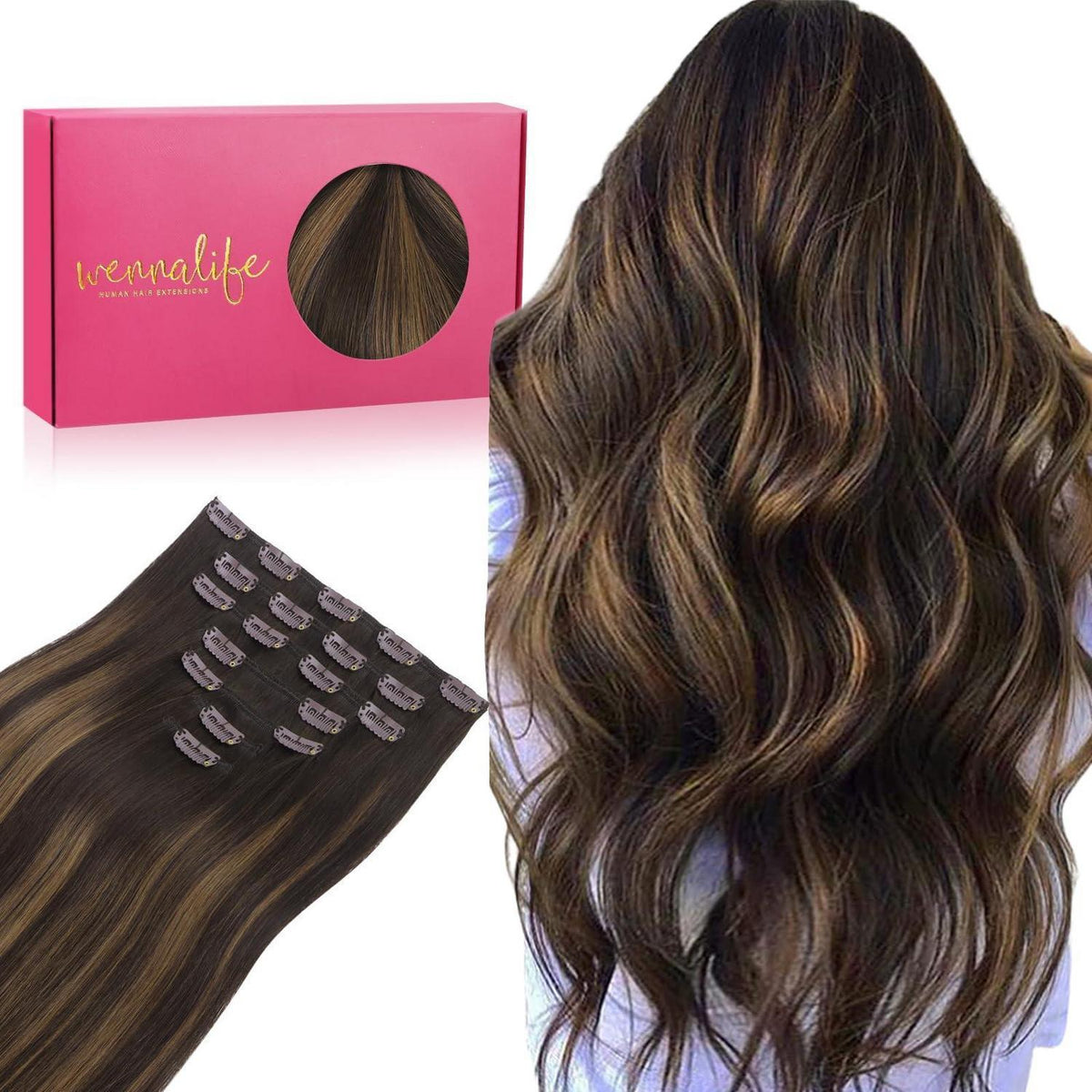 Clip-in Echthaarverlängerungen Balayage Dunkelbraun zu Kastanienbraun 35cm