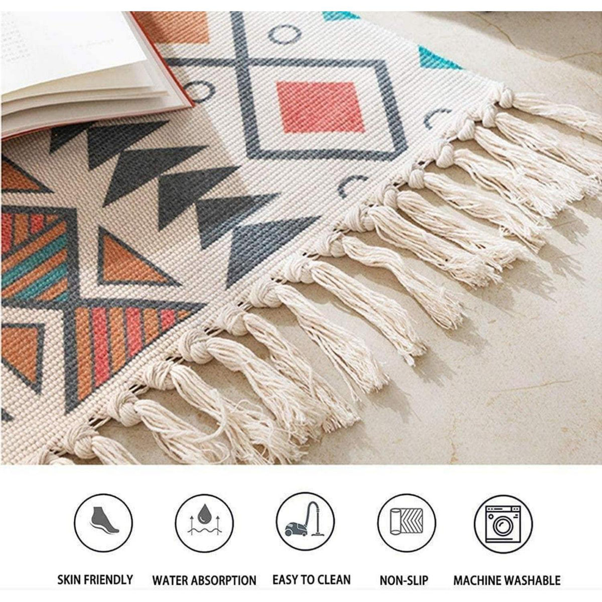 Bunter Teppich mit Quasten | 60x90 cm, Boho-Stil