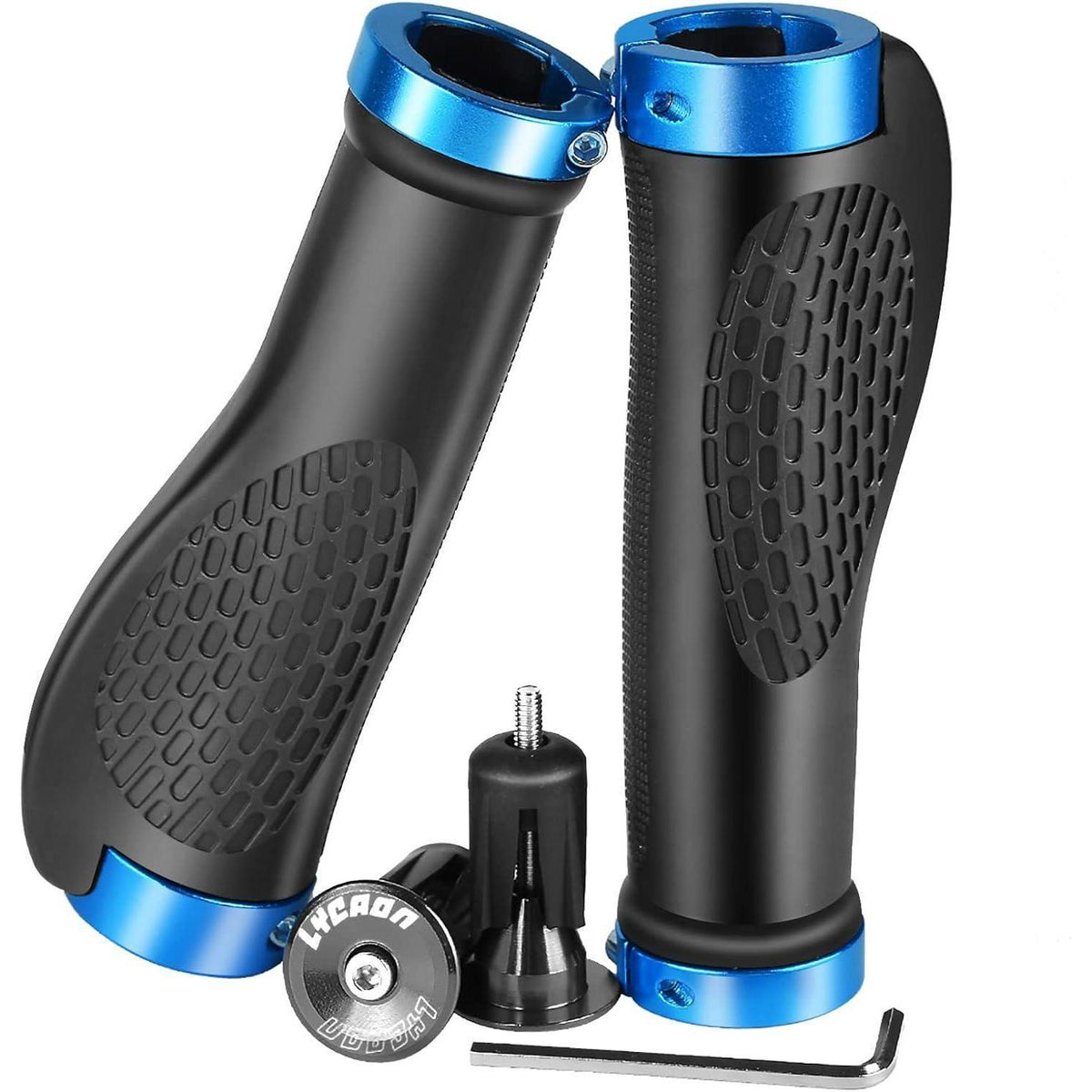 Ergonomische Fahrradgriffe mit Aluminiumkappen – Blau