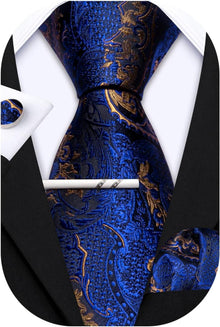 Krawattenset Seiden-Paisley mit Taschentuch und Manschettenknopf Blau