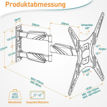 TV Wandhalterung Schwenkbar Neigbar für 26-60 Zoll Flach