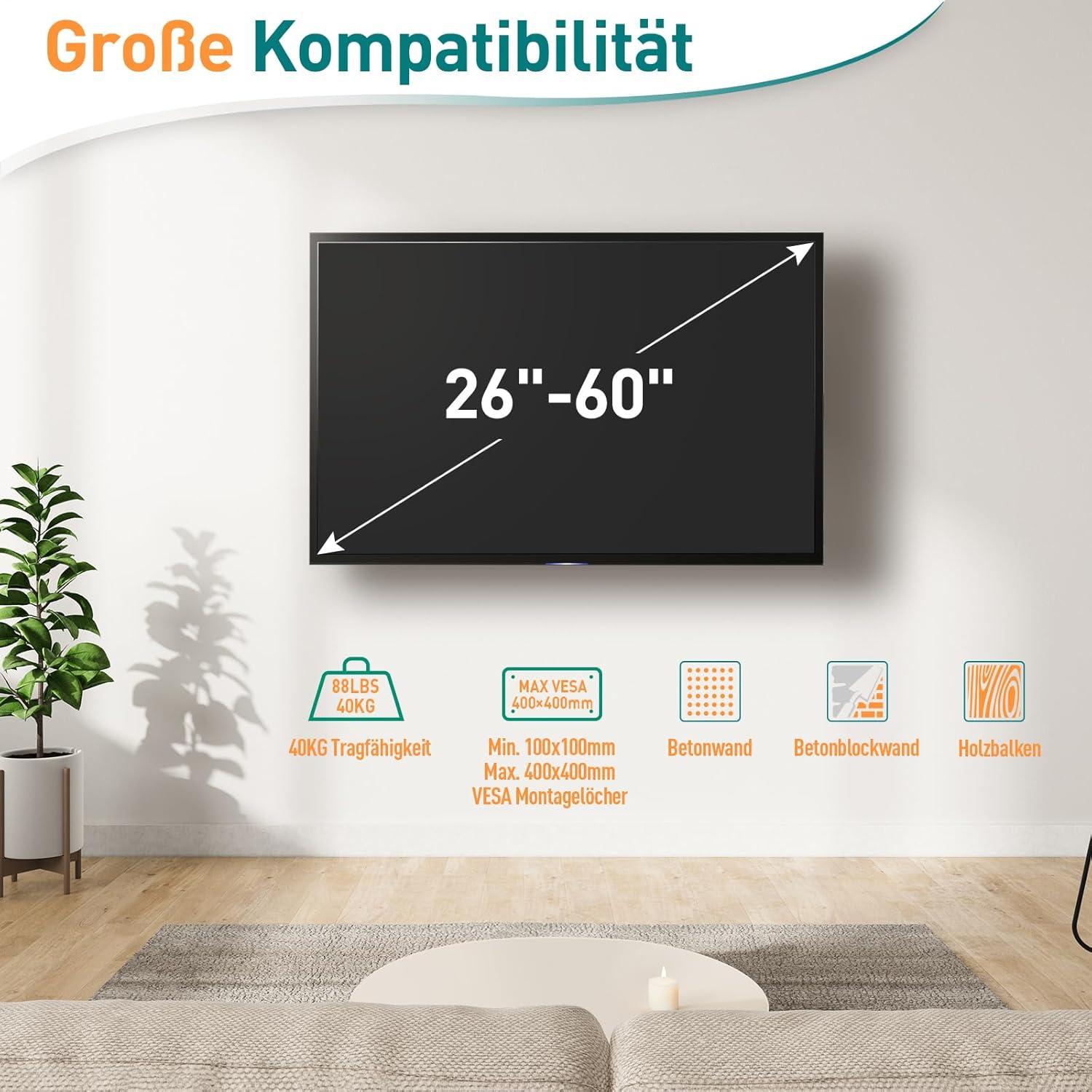 Schwenkbare TV Wandhalterung für 26-60 Zoll Fernseher bis 40kg VESA 400x400mm
