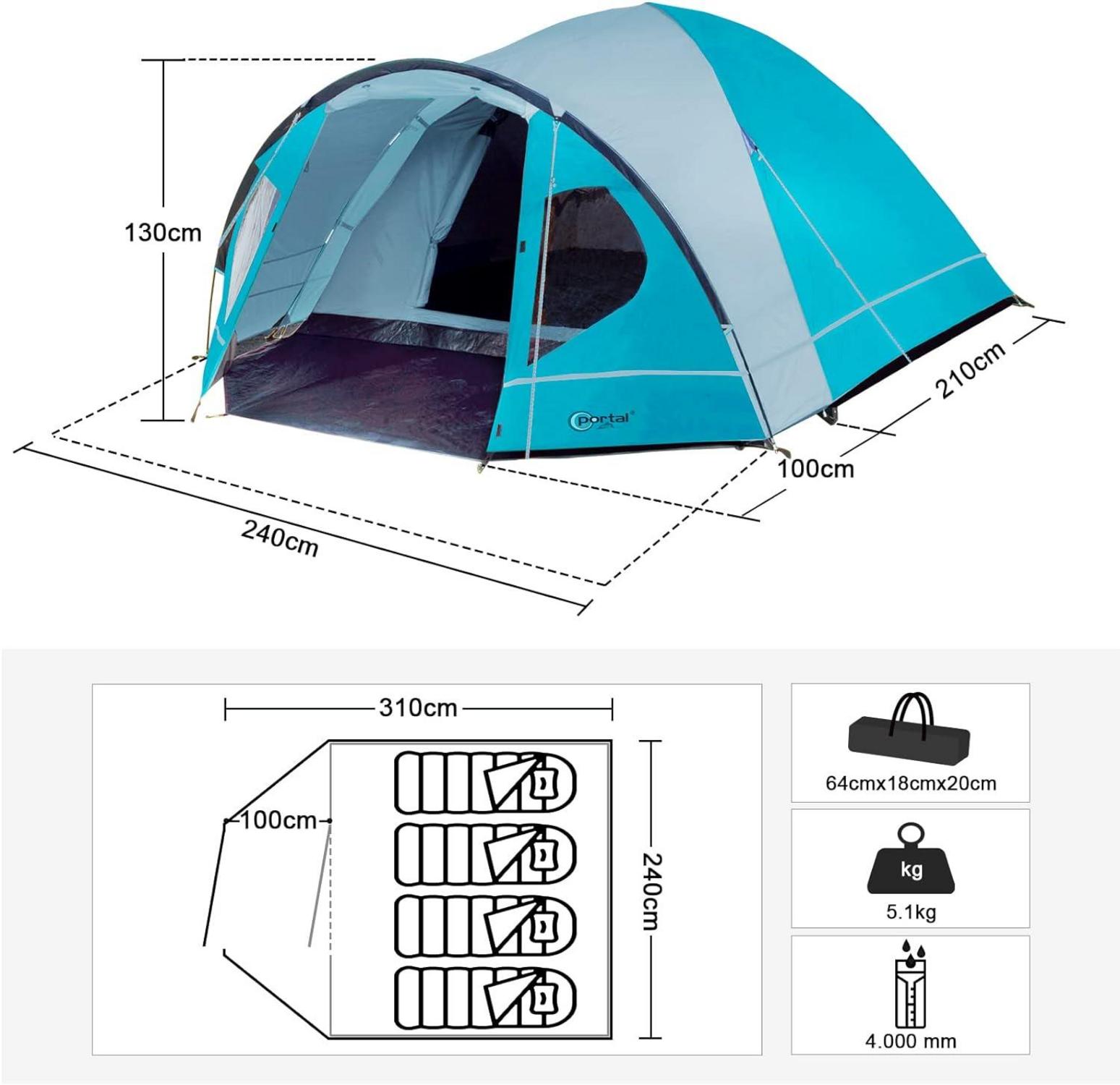 Wasserdichtes Kuppelzelt für 4 Personen mit Vorzelt Blau Camping Zelt
