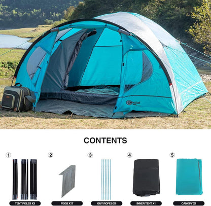 Wasserdichtes Kuppelzelt für 4 Personen mit Vorzelt Blau Camping Zelt