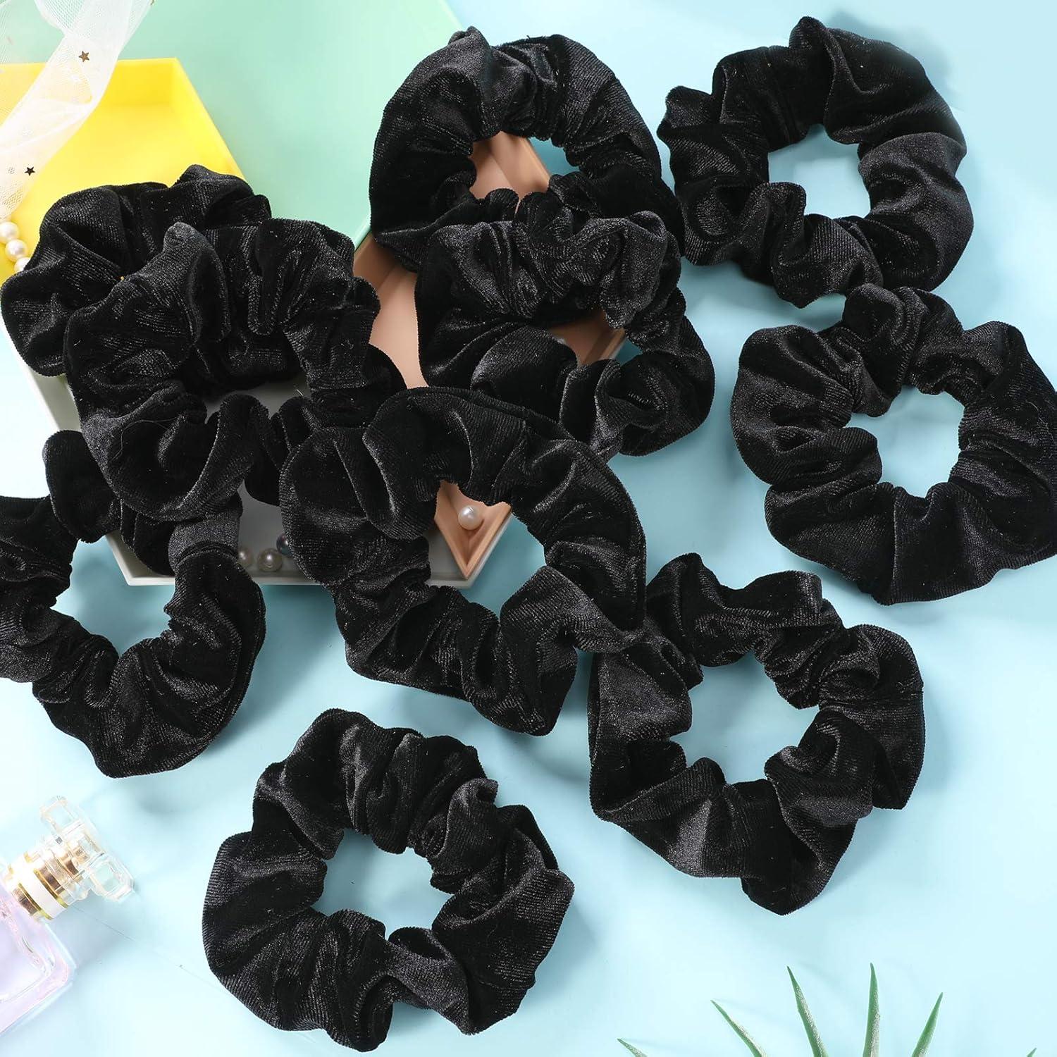 12er Set Schwarze Samt Scrunchies Haargummis - Elastische Haarbänder