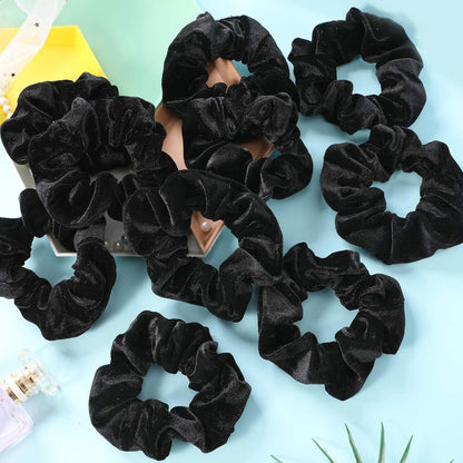 12er Set Schwarze Samt Scrunchies Haargummis - Elastische Haarbänder