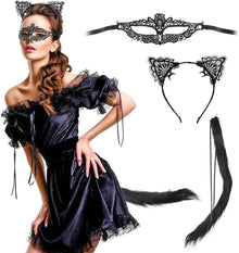 Sexy Katzenkostüm Damen mit Lace Maske, Ohren-Stirnband, Schwanz