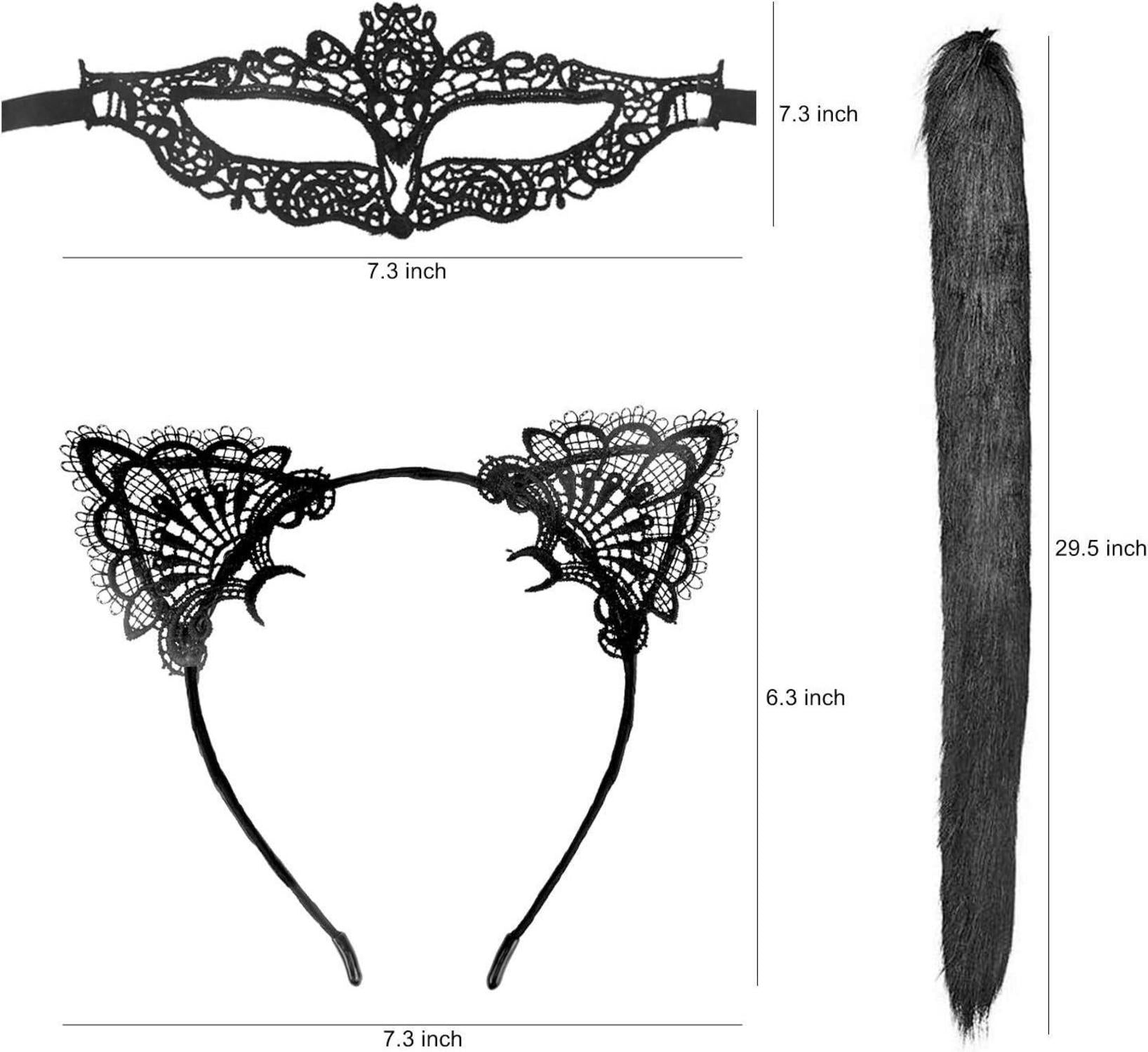 Sexy Katzenkostüm Damen mit Lace Maske, Ohren-Stirnband, Schwanz