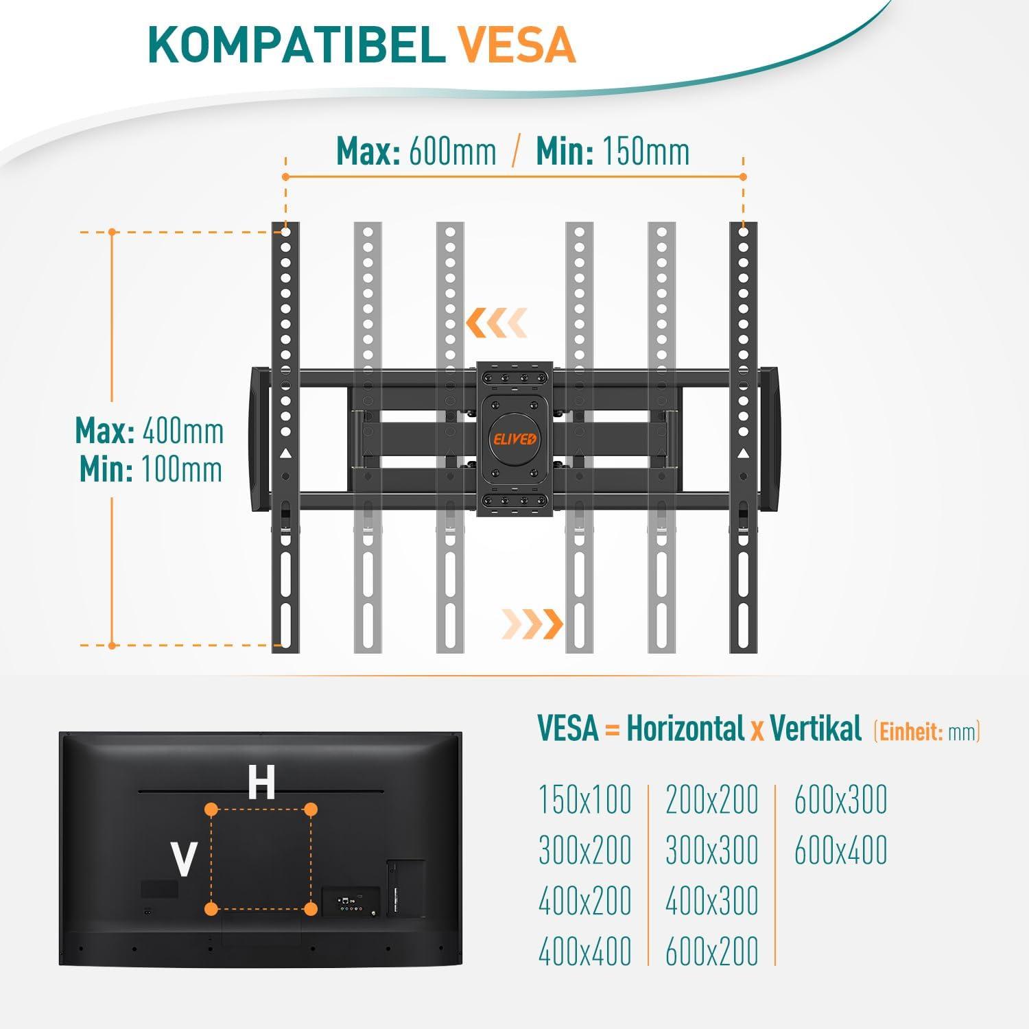 Schwenkbare Neigbare TV Wandhalterung 37-70 Zoll LED OLED Plasma TVs bis 45kg VESA 600x400mm