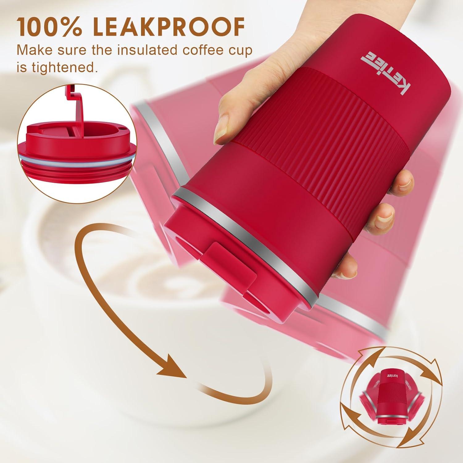 KETIEE Thermobecher Kaffee-to-go 380ml Rot Doppelwandig Isolierbecher