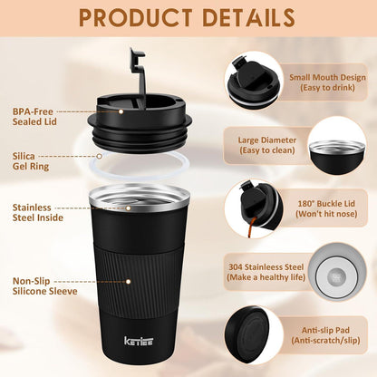 KETIEE Kaffeebecher to go 510ml Thermo Doppelwandig Schwarz