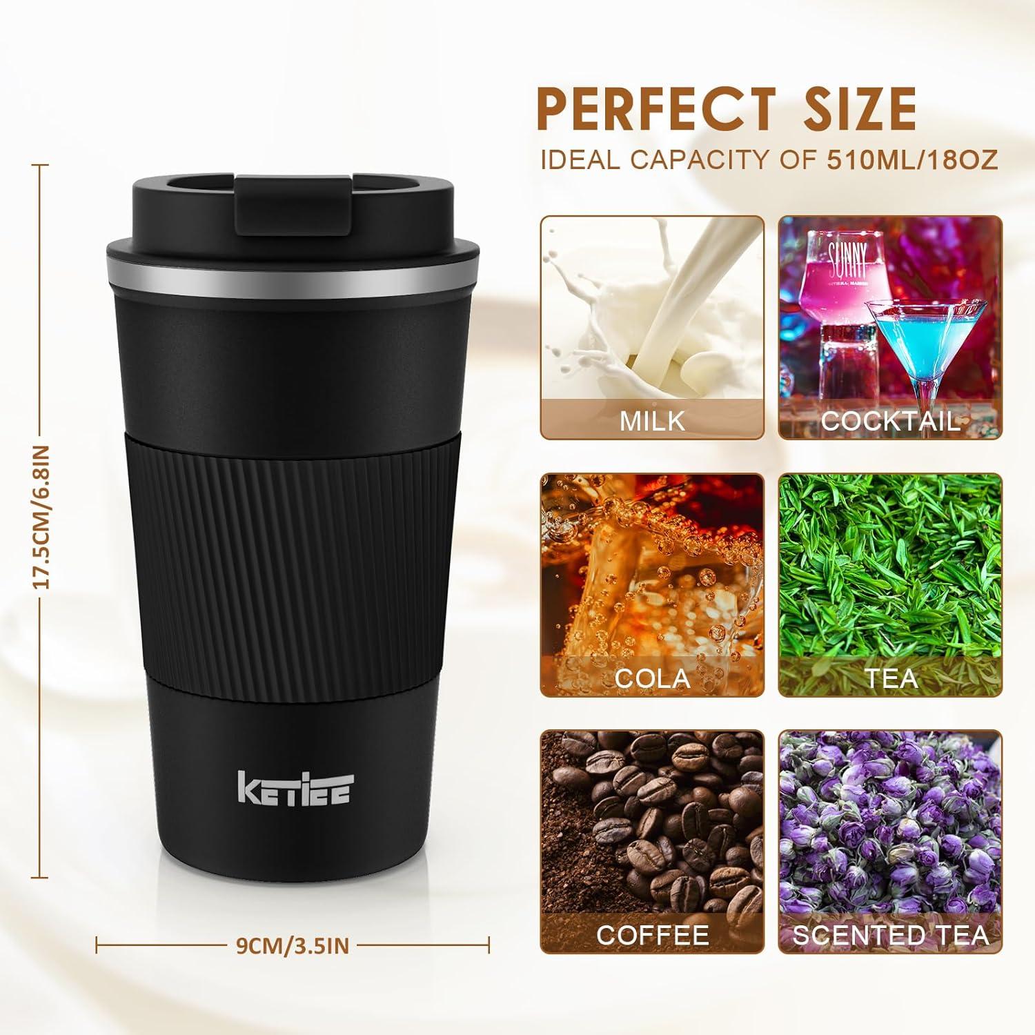 KETIEE Kaffeebecher to go 510ml Thermo Travel Mug Isolierbecher Schwarz