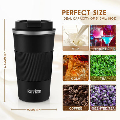 KETIEE Kaffeebecher to go 510ml Thermo Travel Mug Isolierbecher Schwarz