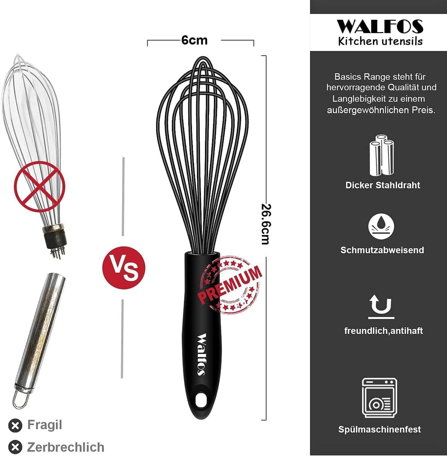 Walfos 26.6cm Silikon Schneebesen Schwarz Rührbesen Küchen Ballonschneebesen