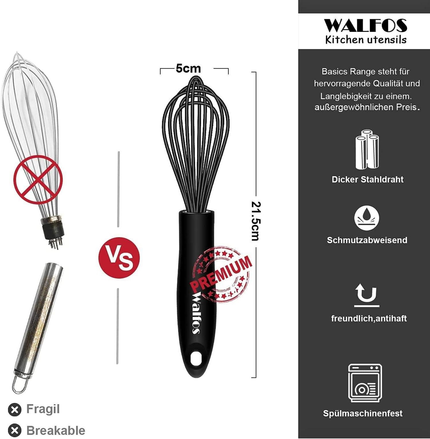 Walfos 21.5cm Silikon Edelstahl Rührbesen Ballonschneebesen Schwarz