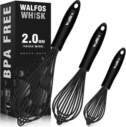 3er Set Silikon Schneebesen Schwarz 21cm 23cm 28cm Edelstahl