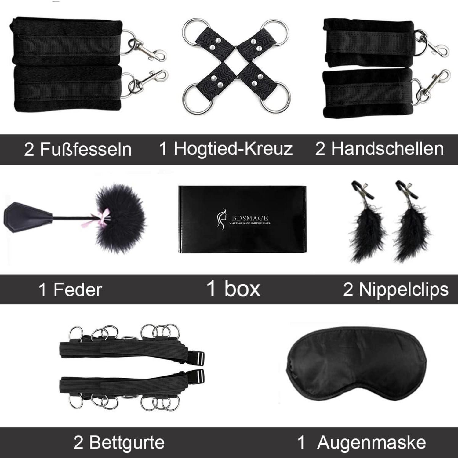 Bondage Set mit Handschellen, Fußfesseln, Augenbinde