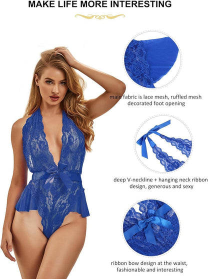 Sexy Dessous Damen Spitzen Body Große Größen V-Ausschnitt Blau