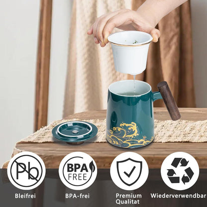 Teetasse 500ml Keramik Becher Sieb Deckel schwarz Elegant für