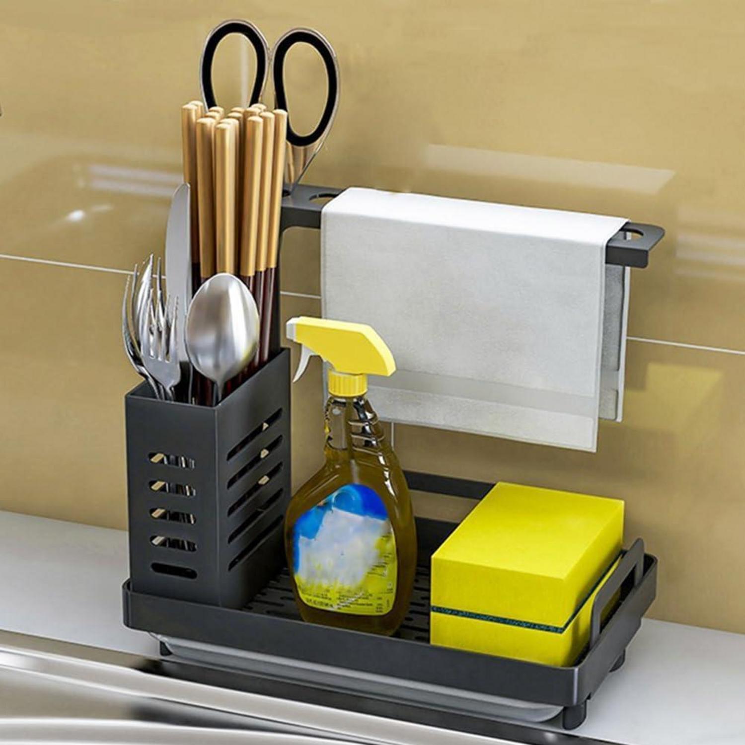 Schwarzer Spülbecken Caddy Organizer aus Edelstahl für Küchenarbeitsplatte