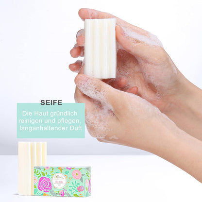 Handcreme Geschenkset: 4 Rosen Handcremes, Fußcreme, Kerze, Seife