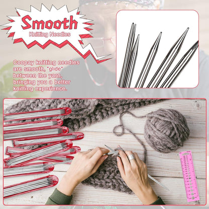 55er Set Metall Stricknadeln Doppelspitz 2.0mm - 6.5mm & Nadellehre