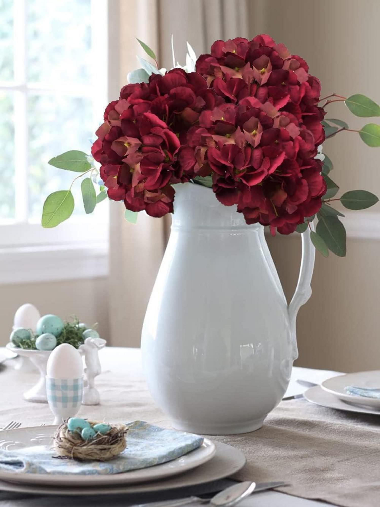 Künstliche Hortensie Kunstblume Kunstpflanze 53cm 3er Set Wasserfest Stiel Rot