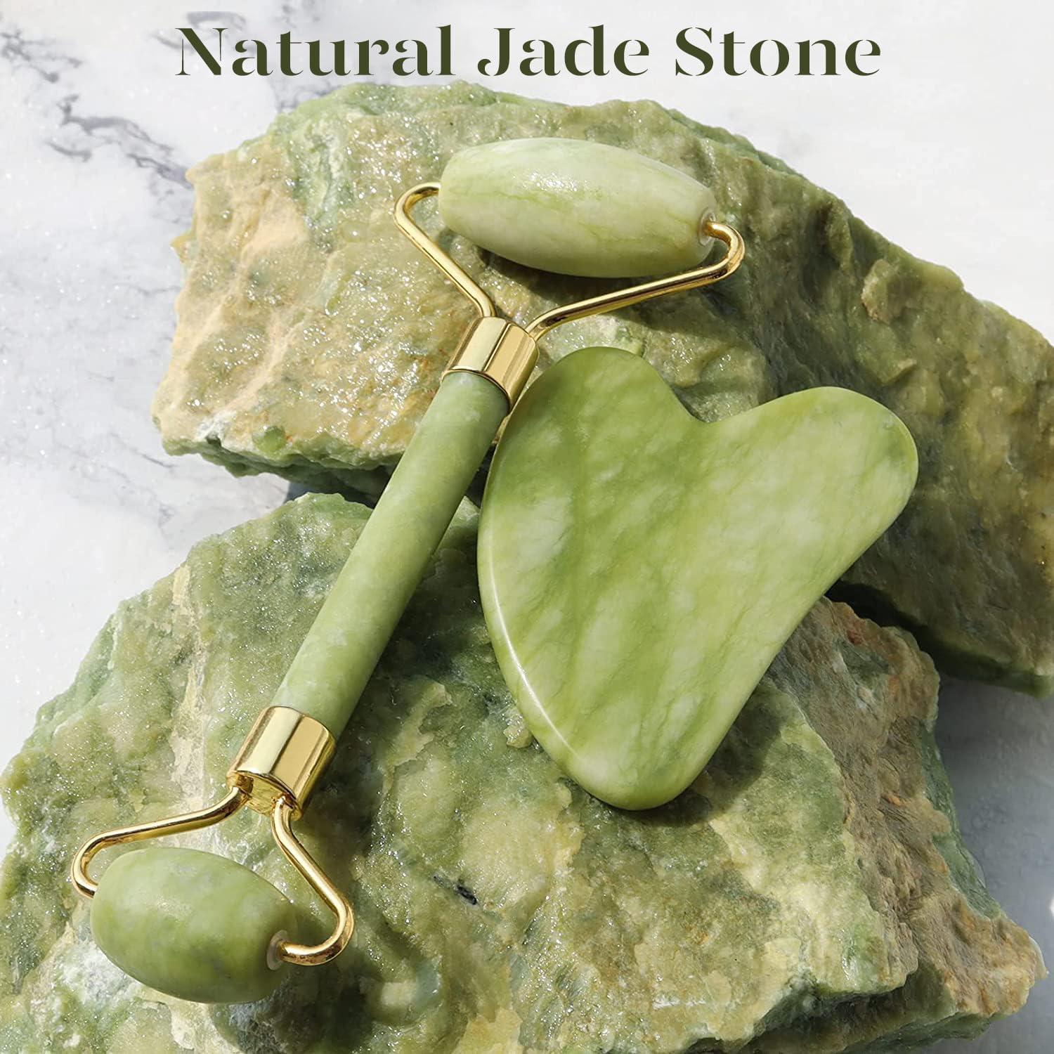 Jade Roller und Gua Sha Set für Gesichtsmassage und Hautpflege, Grün