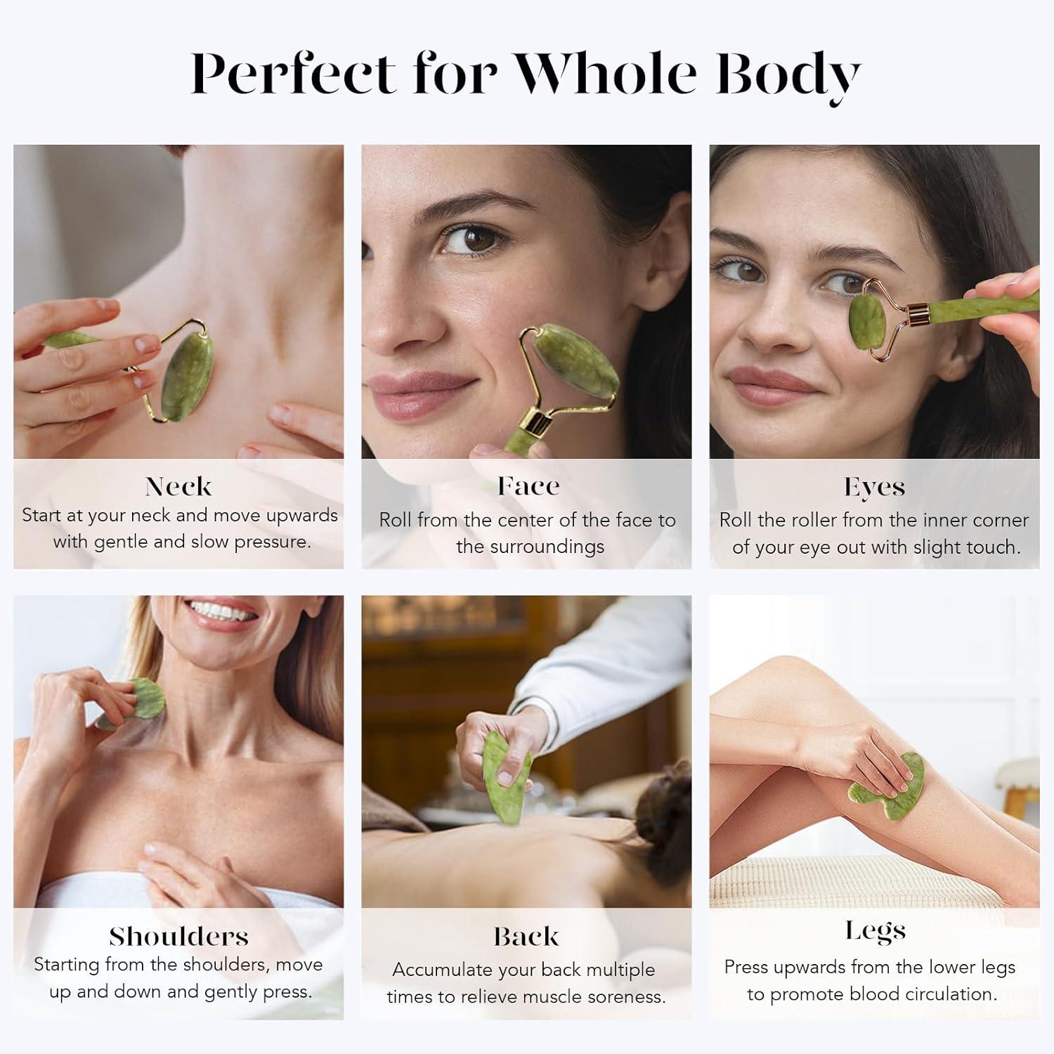 BAIMEI Jade Roller und Gua Sha Set für Gesichts- und Nackenmassage in Grün