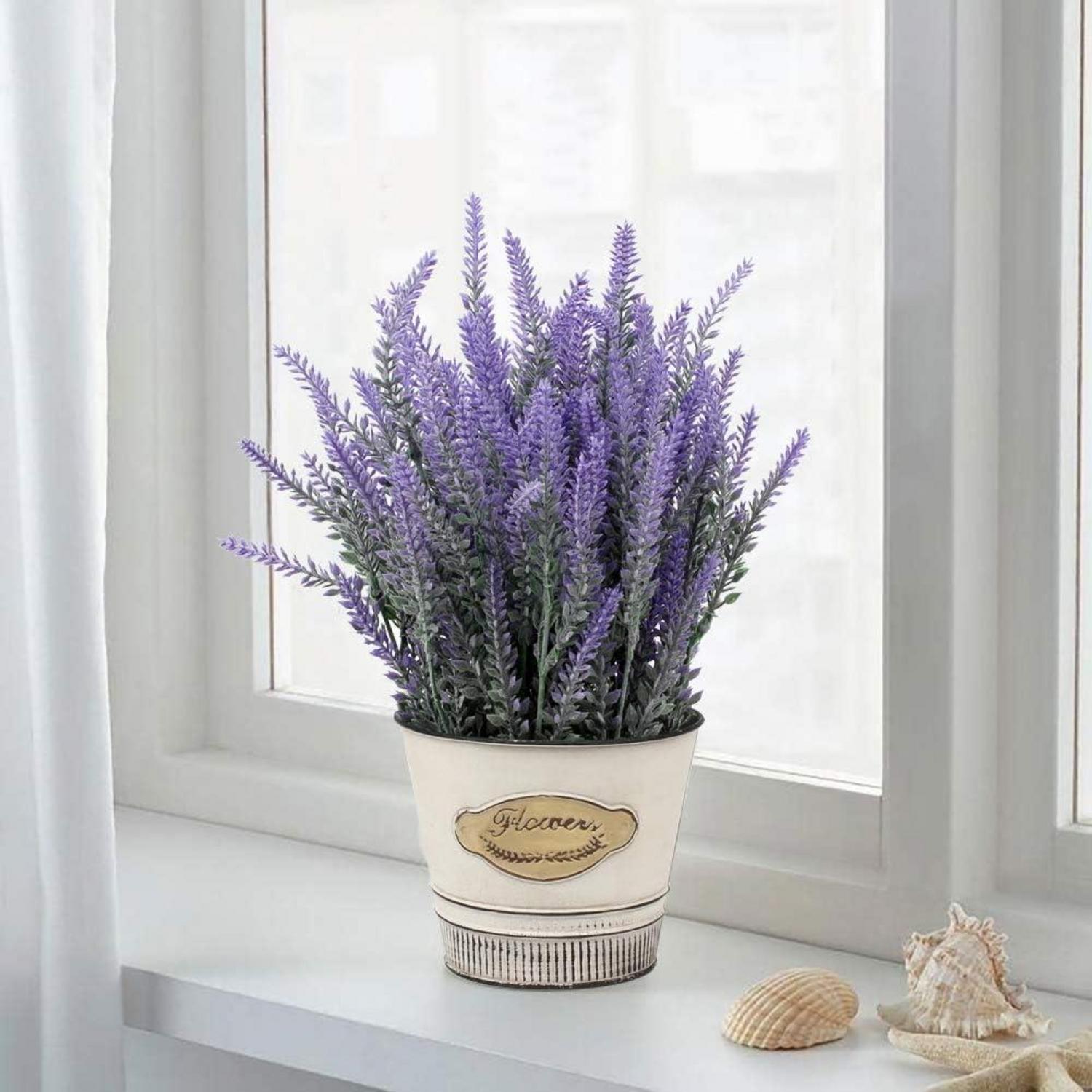 Künstliche Lavendel Blumen Kunstpflanzen Flocked Metall Topf Outdoor Indoor