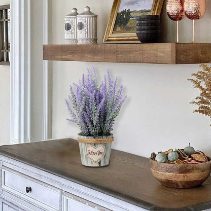 Künstliche Lavendel Blumen Kunstpflanzen Flocked Kunststoff in Antiken Holztopf