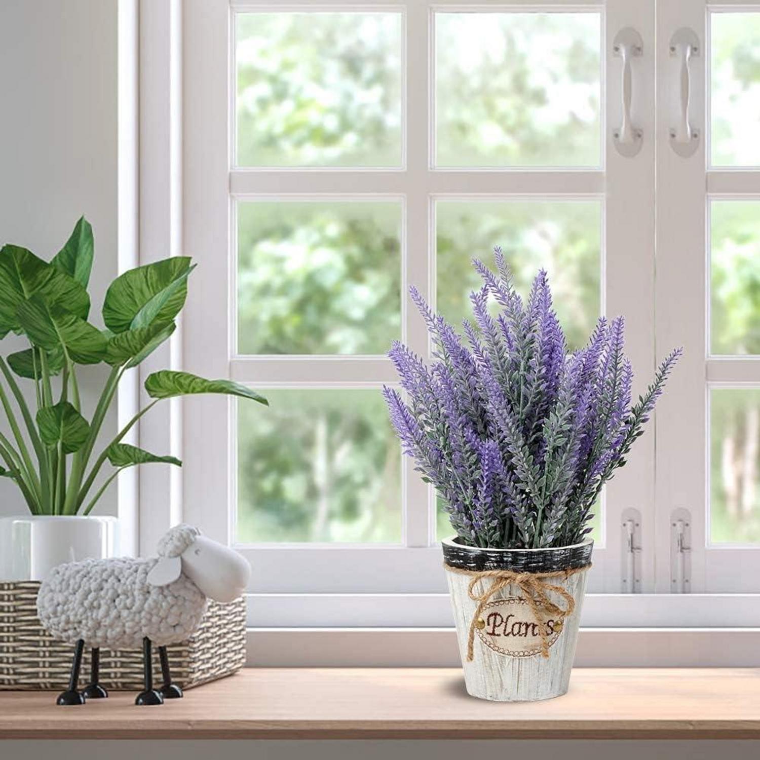 Künstliche Lavendel Blumen Kunstpflanzen Flocked Kunststoff in Holztopf