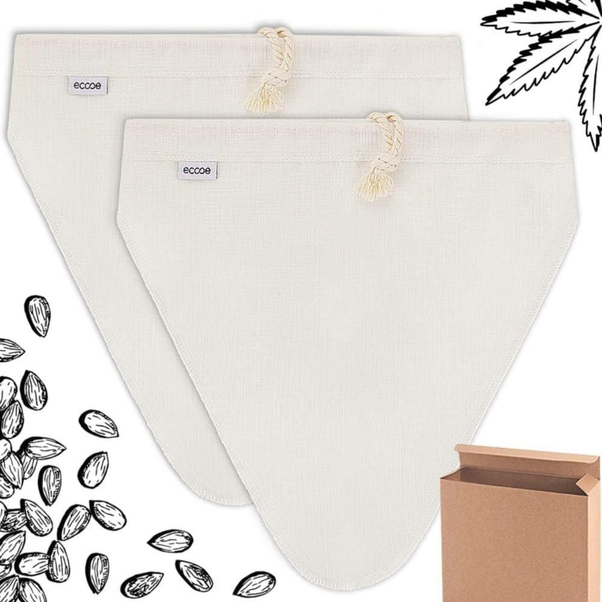Nussmilchbeutel aus Natürliche Hanf 2er Set 28x30cm Bio waschbar