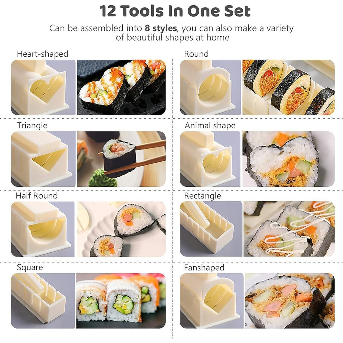 Sushi Maker Set für Anfänger mit 8 Formen, weiß/beige
