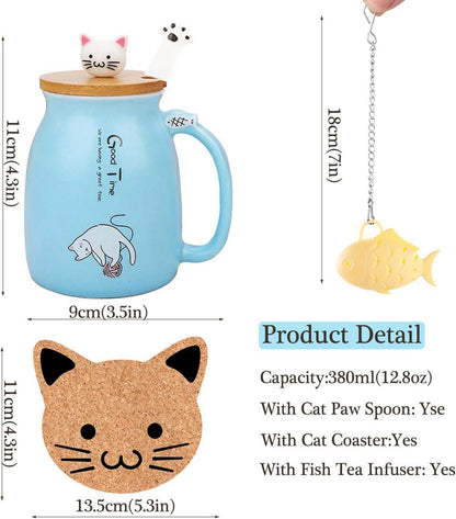 Katzen-Tasse Süße Keramik Kaffeetasse 380ML Blau Geschenk für Frauen