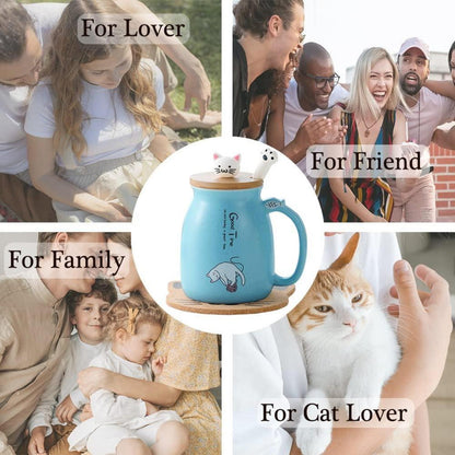 Katzen-Tasse Keramik Kaffeetasse mit Deckel & Löffel 380ML Blau