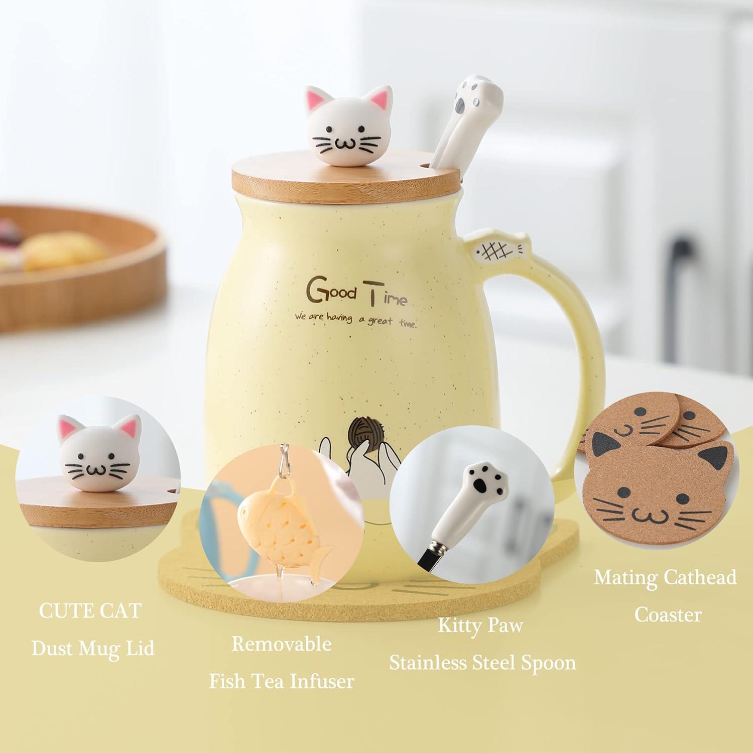 Katzen-Tasse Süße Keramik Kaffeetasse mit Deckel und Löffel