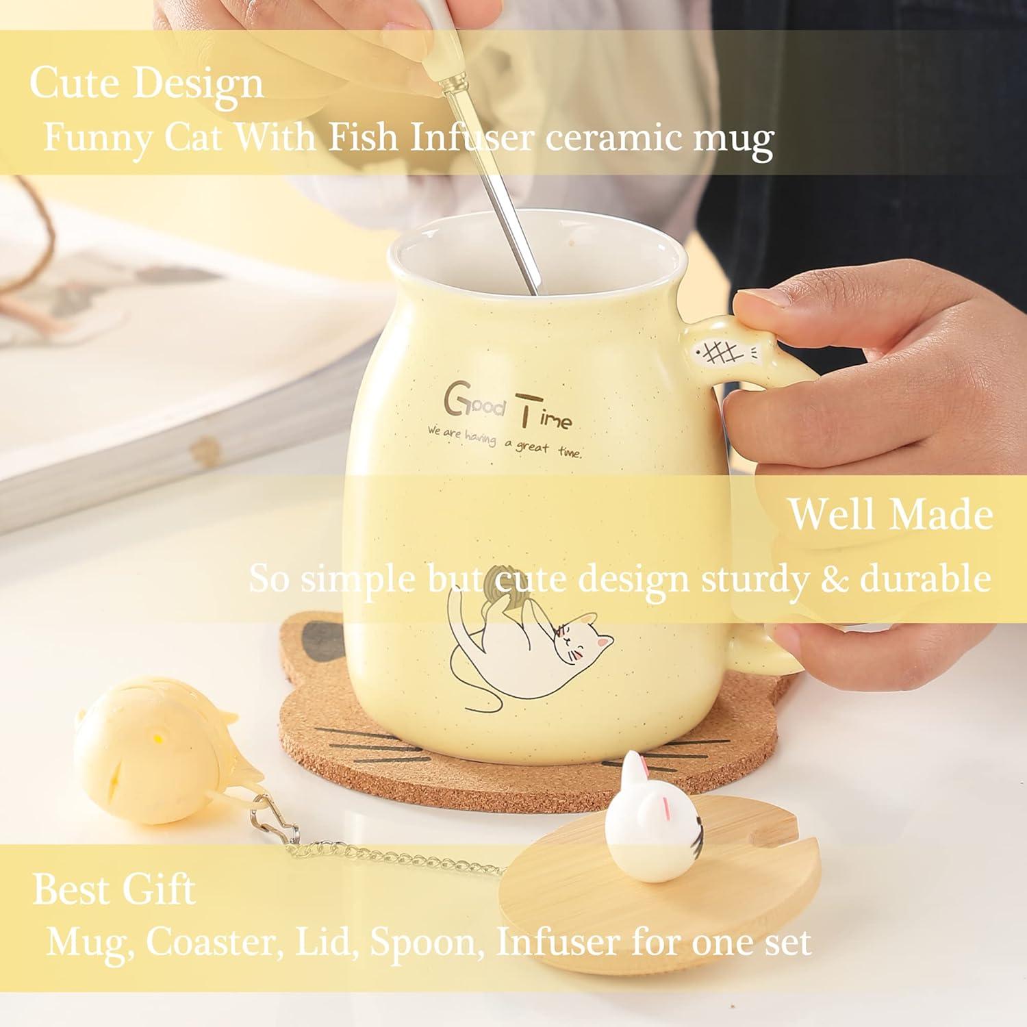 Katzen-Tasse süße Keramik Kaffeetasse mit Deckel und Löffel