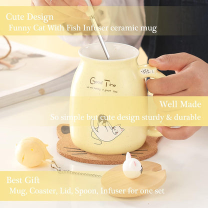 Katzen-Tasse süße Keramik Kaffeetasse mit Deckel und Löffel