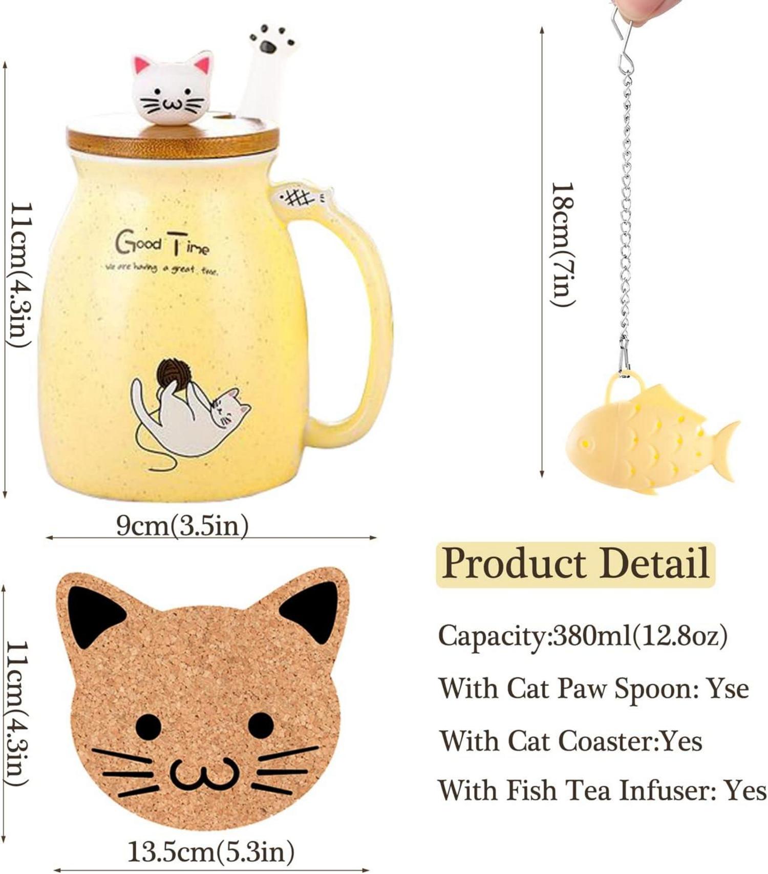 Katzen-Tasse Keramik Kaffeetasse mit Deckel und Löffel 380ML Gelb