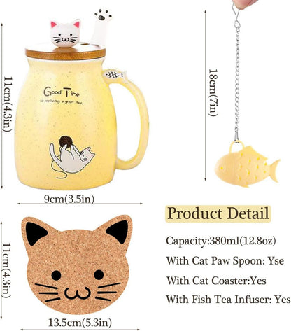 Katzen-Tasse Keramik Kaffeetasse mit Deckel und Löffel 380ML Gelb