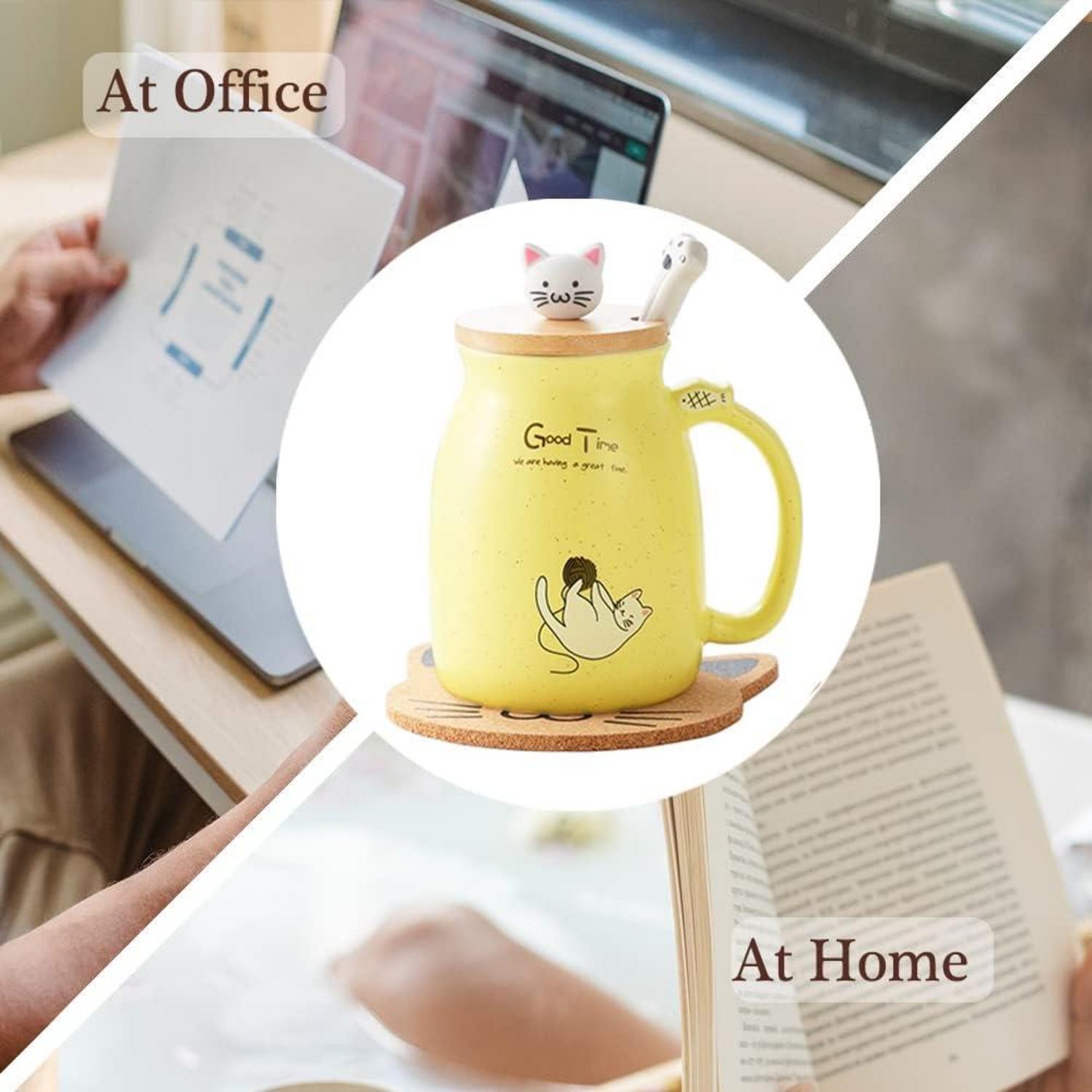 Katzen-Tasse Süße Keramik Kaffeetasse mit Deckel und Löffel Gelb 380ML