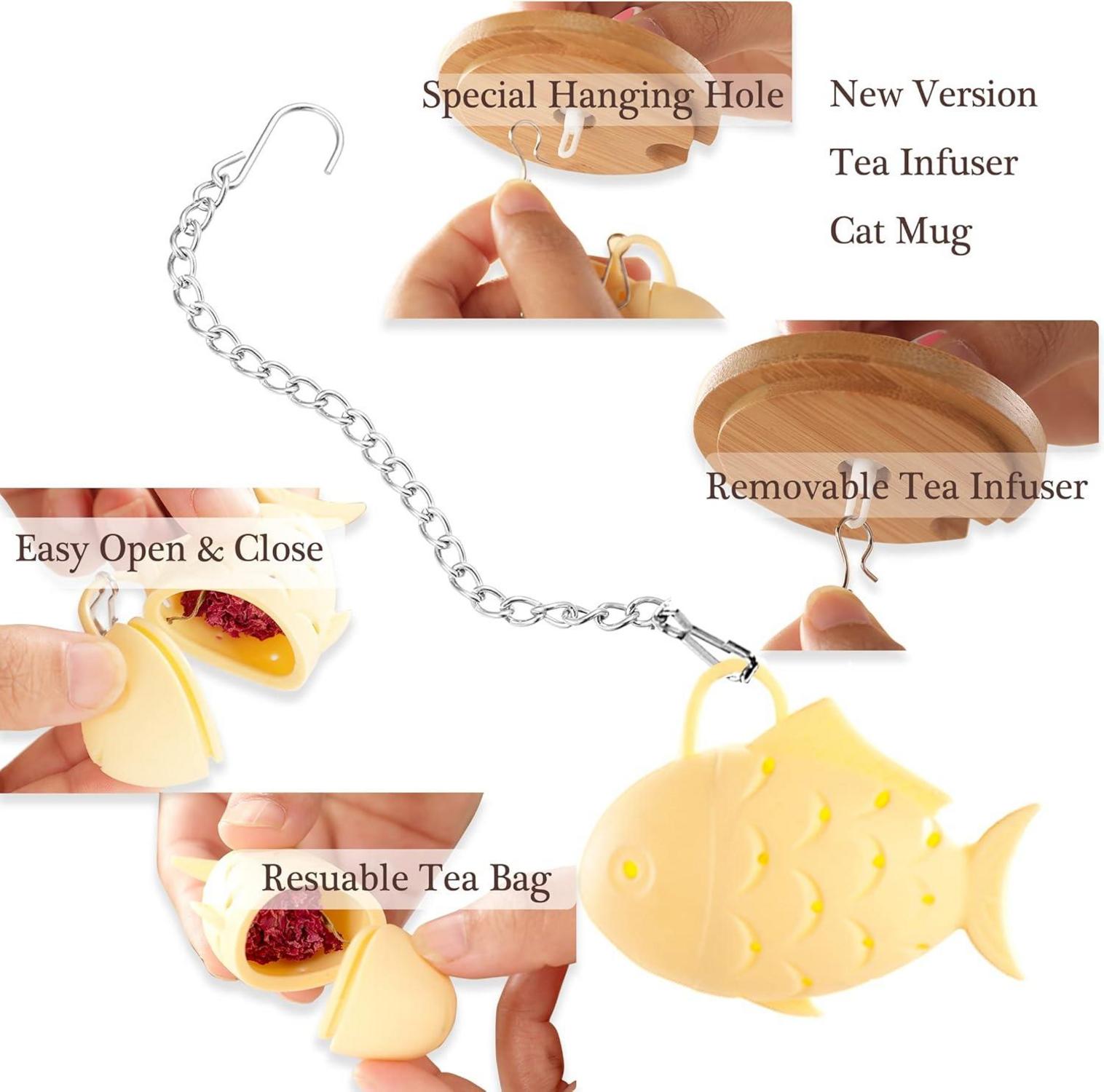 Katzen-Tasse Keramik Kaffeetasse mit Deckel Löffel Tee Geschenk 380ML Gelb