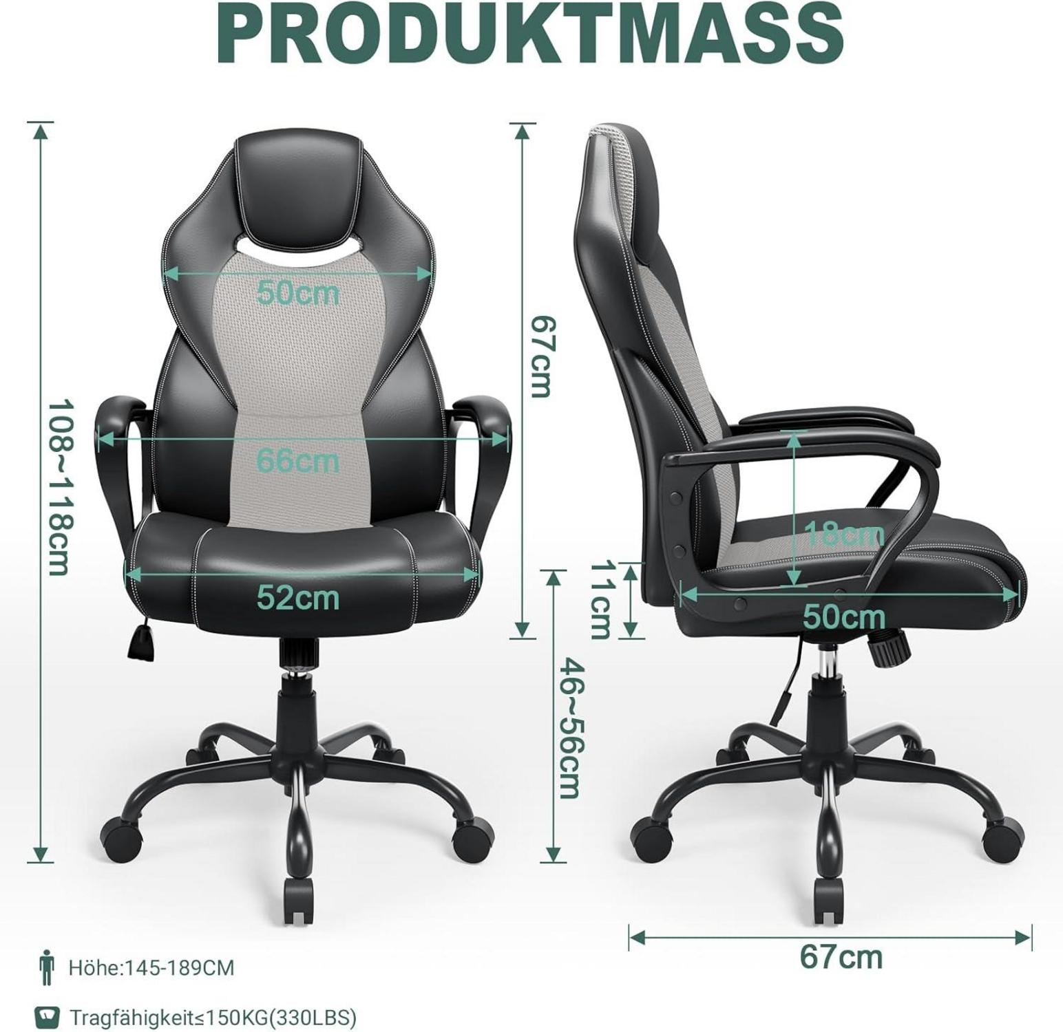 Ergonomischer Bürostuhl mit Wippfunktion und Höhenverstellung bis
