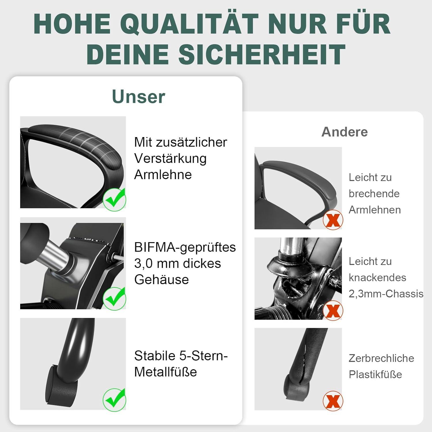 Ergonomischer Bürostuhl mit Wippfunktion, Höhenverstellbar, bis 150kg, Rückenschonend